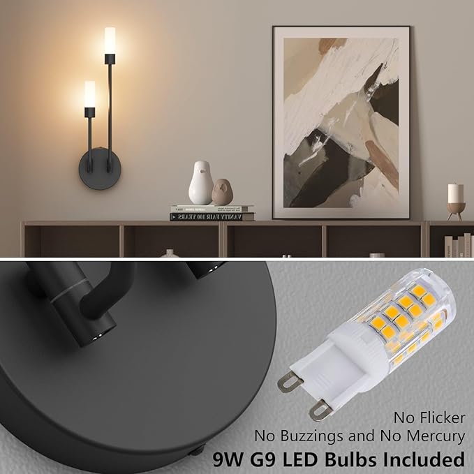 Tipace Black Modern LED Wall Sconce Hardwired Wall Lights Set of 2 Indoor Wall Mount Light with Glass Shade for Living Room Bedroom Hallway Corridor Conservatory Warm White 3000K(with G9 Bulbs)