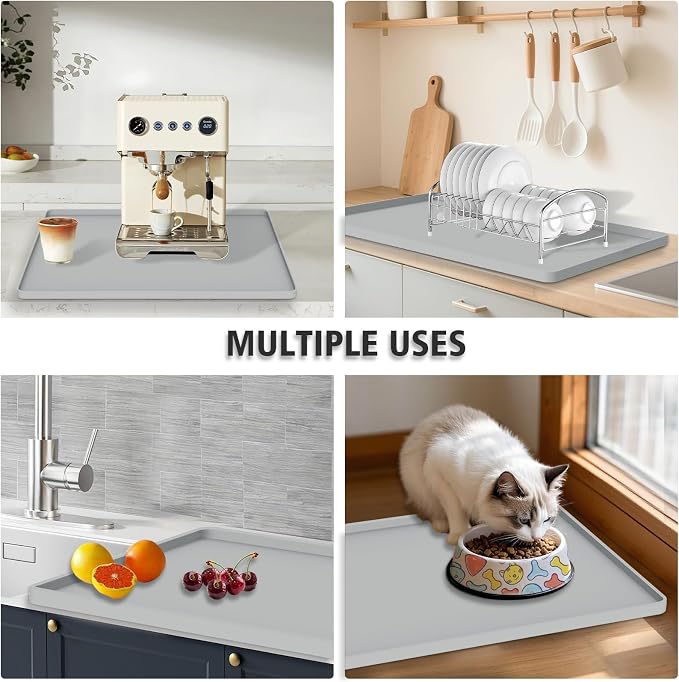 Silicone Coffee Mat 24"x16", Single Piece Anti-Vibration Under Coffee Maker Mat, Non-Slip Espresso Machine Mat with 10mm Raised Edge, Noise Reduction Countertop Protector, Fits Breville Ninja Keurig