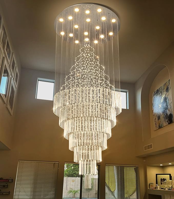 W40 x H120 Glam Chandelier with LED Bulbs Crystal Raindrop High Ceiling Pendant Light for Entrance Large Villa Chandelier Foyer Lighting Fixtures Silver