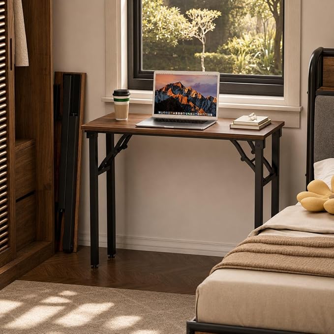 Folding Table Computer Desk - 35.8" No Assembly Folding Desk Design and Foldable Office Desk, Small Desk for Bedroom, Compact Storage Portable Use for Dorm and RV Small Space, Dark Walnut
