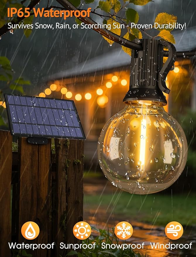50FT(2x25FT) Solar String Lights Outdoor with Remote, Waterproof Dimmable 3 Modes Patio Lights with 20+2 LED G40 Bulbs for Cafe Bistro-Black