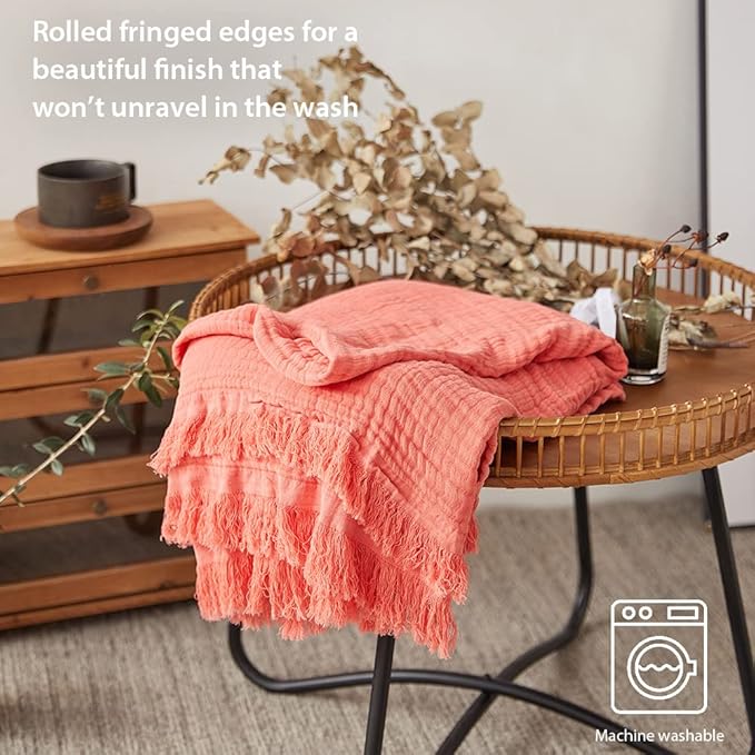 Simple&Opulence Cotton Muslin Throw Blanket for Bed, Couch, Knit Woven Gauze Blanket with Tassels, Soft Lightweight Cozy Pre-Washed Breathable Farmhouse Decoration for All-Season (Coral Red)