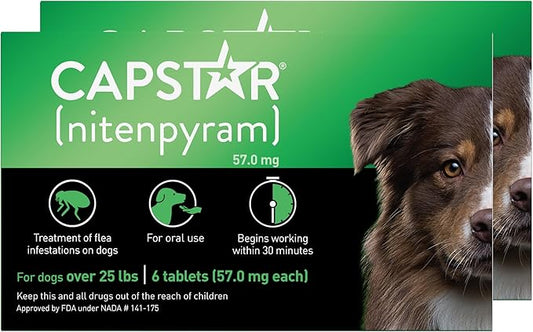 Capstar for Dogs (nitenpyram), Fast-Acting Oral Flea Treatment for Dogs Over 25+ lbs, Vet-Recommended Flea Medication Tablets Start Killing in 30 Minutes, 12 Doses (Includes Two 6-Count Boxes)