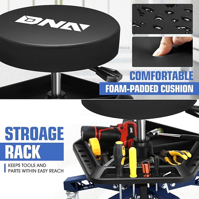 DNA Motoring Rolling Shop Stool, Adjustable Height Padded Rolling Seat, Pneumatic Roller Mechanic Stool for Garages, w/Tool Storage Tray, 300lbs Capacity, TOOLS-00636-BK-BL
