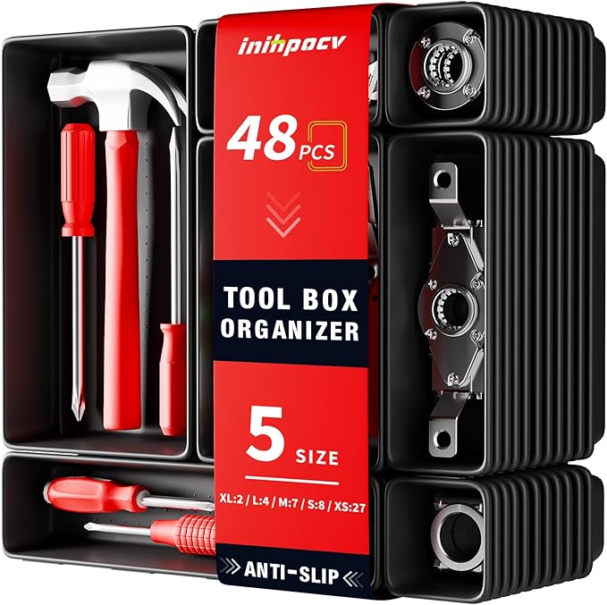 【48PCS & 5 Sizes】 Tool Box Organizer Tray, Toolbox Drawer Organizer with Non-Slip Pads, Desk Drawer Divider Set, Fits Rolling Tool Chest Cabinet for Garage & Workbench