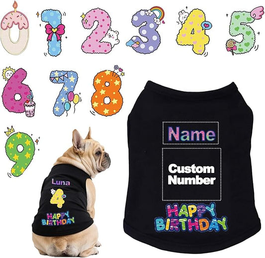 Custom Dog Birthday Shirt,Personalized Pet Apparel Print with Name Age Number,Pet Birthday Outfit,Lightweight Breathable Cotton Vest for Small Medium Large Dogs Cat (Black, 5X-Large)
