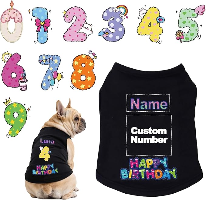Custom Dog Birthday Shirt,Personalized Pet Apparel Print with Name Age Number,Pet Birthday Outfit,Lightweight Breathable Cotton Vest for Small Medium Large Dogs Cat (Black, 7X-Large)