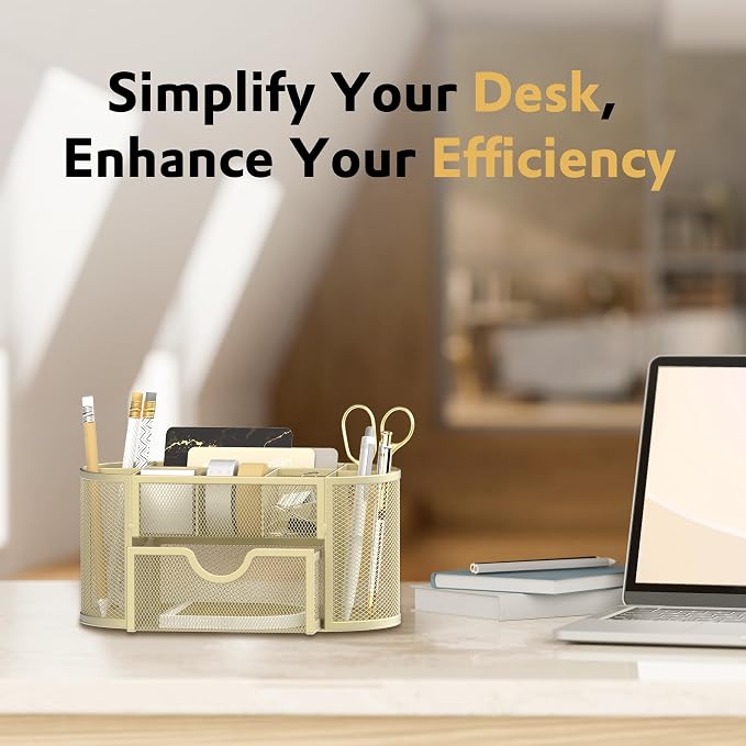 SUPEASY Mesh Desk Organizer, Desk Accessories & Workspace Organizers with Drawers, Pencil Holder for Desk with 9 Compartments for Office Suppliess, 8.6 x 4.3 x 4.1 Inch, Yellow | Pull-Out Drawer Stores Pens, Pencils, Clips, Notes, and Small Office or S...