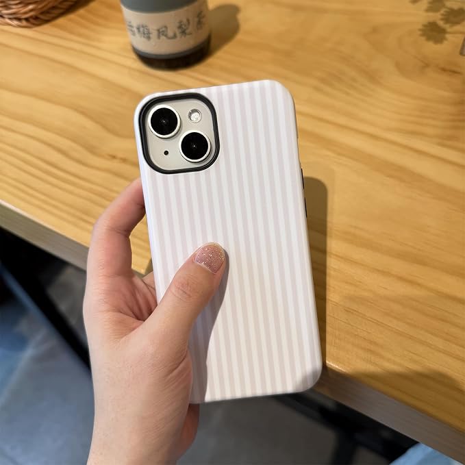 for iPhone 15 Case Striped Cute Aesthetics Phone Case Trendy Protective Shockproof Cover for iPhone 15 White