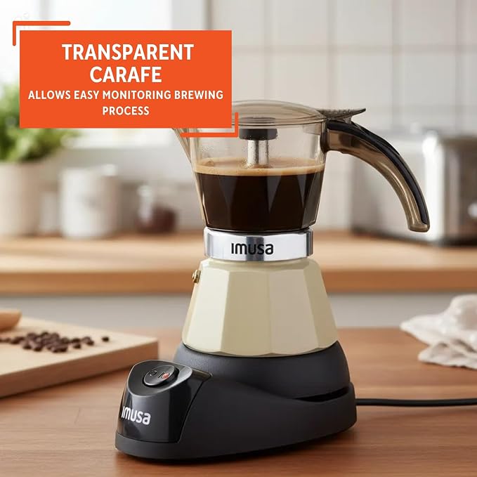 IMUSA 3 or 2 Cup Electric Espresso Maker with Cool-touch Handle, Almond | Bare Aluminum Finish, Keep Warm Function and Detachable Base, Ideal for Cuban and Italian Drinks, Perfect for Home Baristas
