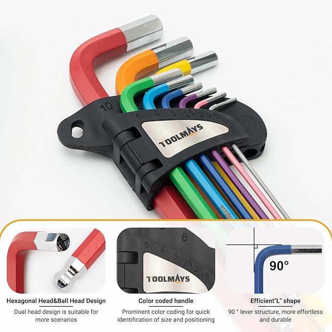 Allen Key Set 9 PCS Anti-Slip Long Ball Hex Key Set 1.5-10mm, Color Coded Ball Point Head Hexagon Keys Set for Furniture Assembly, Bikem, Motorcycle Repairs, Household DIY
