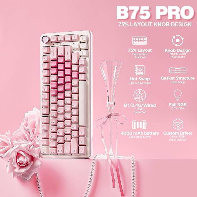 YUNZII B75 PRO 75% Wireless Mechanical Keyboard (Pink, Cocoa Cream V2) | Hot Swap Keyboard with Knob, Gasket Mount, Creamy Pre-lubed Switch for Smooth Typing, BT/USB-C/2.4G, for Gaming