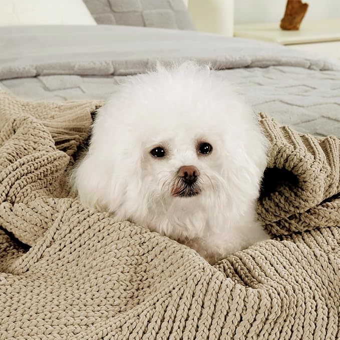 Knit Throw Blanket, Soft Chenille Cozy Breathable Chevron Chunky Decorative Blanket for Couch, Bed & Sofa, French-Inspired Lightweight Warm Gift for Women, Beige, 50"x60"