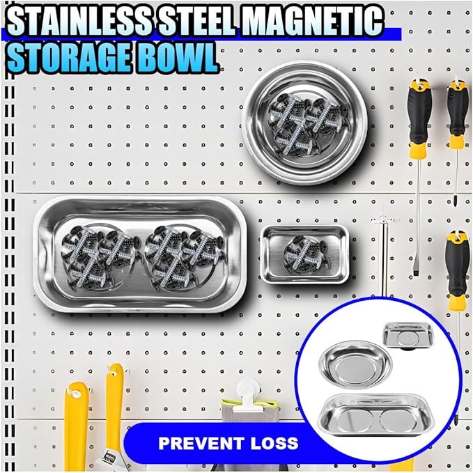 3PCS Magnetic Tray Holder, Stainless Steel Extra Strong Magnetic Bowl Parts Tray Set for Screws, Nuts, Bolts, Sockets, Pins – Mechanic Tool Metal Parts Organizer for Automotive Repair(Round&Rectangle)