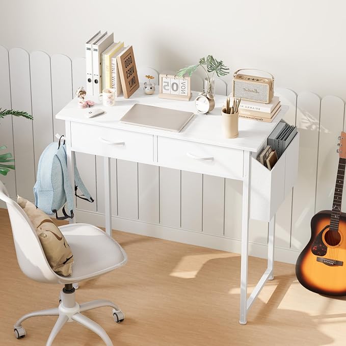 DUMOS 32" Home Office Computer Desk with Drawers, Small Gaming Writing Study Table with Storage Side Bag, Headphone Hook and Adjustable Feet for Bedroom White | Home Office Desk for Bedroom, Gaming Writing Study Desk with Adjustable Feet