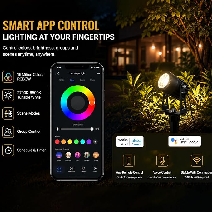 rosykite Smart RGBW Landscape Lighting Kit, WiFi & Bluetooth Outdoor Lights with Transformer, App/Remote/Controller Control, Color Changing Low Voltage Garden Lights for Yard Pathway Patio (6 Pack)