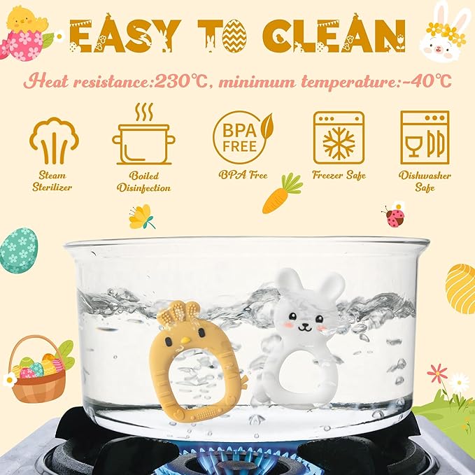 Easter Silicone Teethers for Babies - 2ooya 2Pcs Rabbit Chick Infant Teething Chew Toys, Toddler Sore Gums Pain Relief Toy for Newborn Boy and Girl Easter Spring Baby Shower Birthday Gifts
