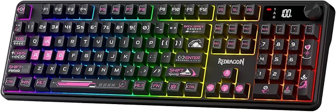 Redragon K526 PRO Wireless RGB Membrane Gaming Keyboard, LED Screen & Knob | See Battery, Mode & Time at a Glance, 0-Delay Tri-Mode, One-Touch Backlit & Media Adjust, 26-Key Anti-Ghost for Combo-Strike
