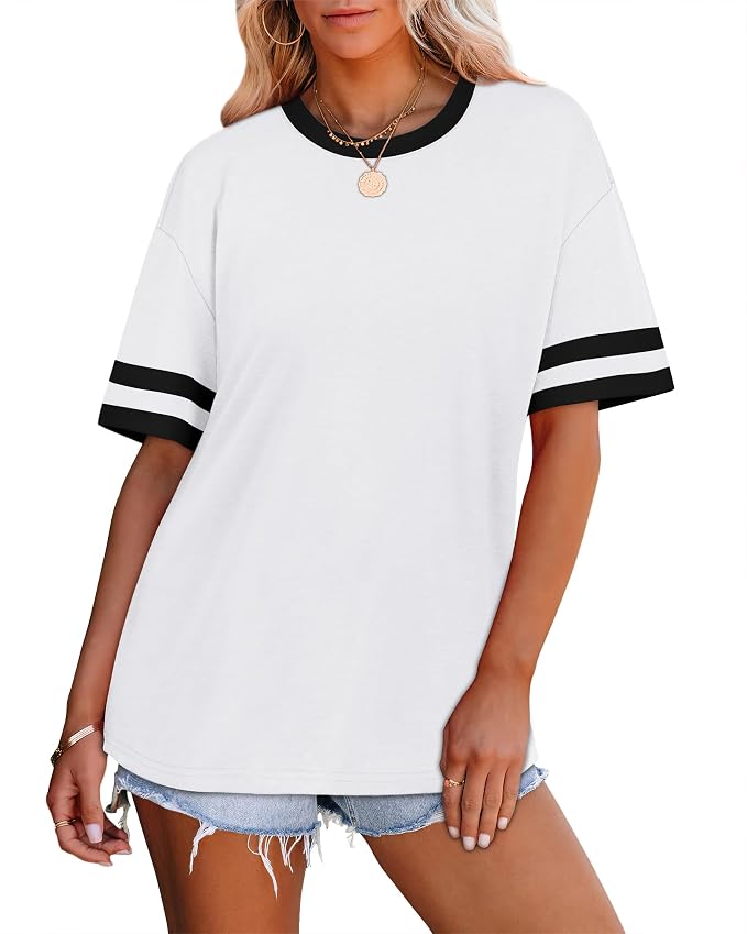 WIHOLL Womens T Shirts Loose Fit Short Sleeve Tees Crew Neck Color Block Summer Tops 2026 Fashion
