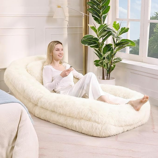 Beige Foldable Human Dog Bed - 69"x35"x12" Fits You & Pets with Comfy Pillow, Washable Faux Fur, Oversized Lounger Lazy Sofa Beds with 5 Adjustable Position