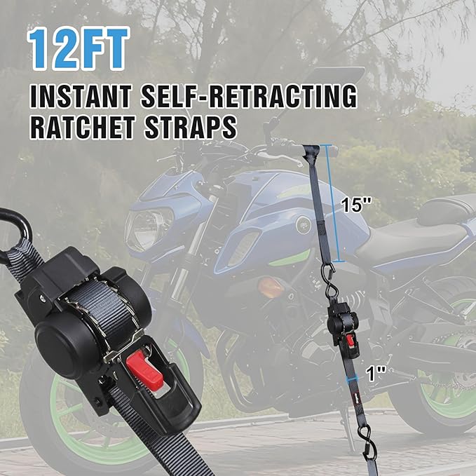 Retractable Ratchet Straps Automatic Ratchet Straps Self Retractable Ratchet Tie Down Straps 4Pack 12FT Cargo Straps for Motorcycle, Truck, Boat