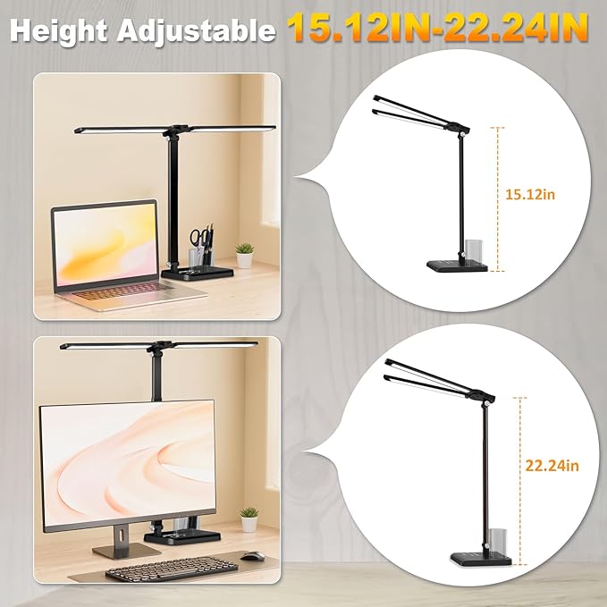Retractable Dimmable LED Desk Lamp with USB Charging Port, 50 Lighting Modes Dual Swing Arm Architect Adjustable Table Lamp Light Desk Lamp for Home Office Dorm Piano Nail, Black
