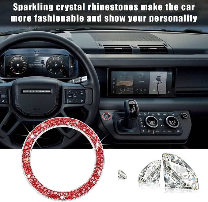 Kewucn Bling Crystal Double Rhinestone Car Engine Start Decoration Ring, Sparkling Push Start Button Sticker, Key Ignition & Knob Ring Decoration, Bling Car Interior Accessory(Red)