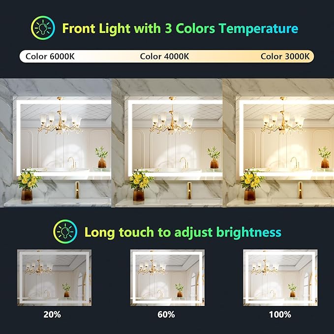 40x30 Inch RGB LED Bathroom Mirror Front Light and RGB Backlit Lighted Vanity Mirror for Bathroom Wall Mounted Dimmable Anti Fog Memory Shatter-Proof IP54 Waterproof Horizontal/Vertical