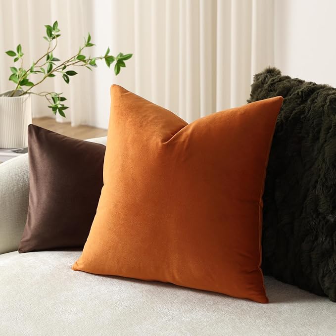 Euro Sham Covers 24x24 Orange: Pack of 2 Cozy Soft Velvet Square Modern Luxury Decorative Throw Pillow Cases for Sofa Couch Living Room Bed Home Decor