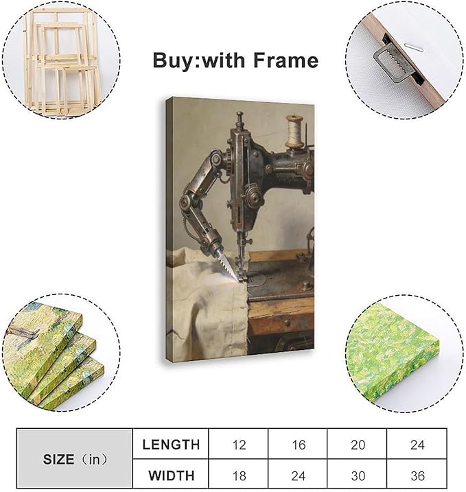 Framed Steampunk Mechanical Sewing Machine Wall Art - Retro Industrial Workshop Poster for Home Office Studio Decor 16x24inch(40x60cm)