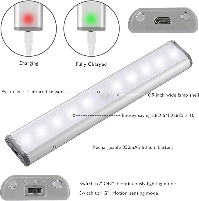 Wireless Motion Sensor Cabinet Lights 10-LED USB Rechargeable Closet Lights LED Under Cabinet Lighting for Wardrobe/Drawer/Stairs/Cupboard/Counter/Pantry/Stairs,Stick On Anywhere,2 Pack,White Light