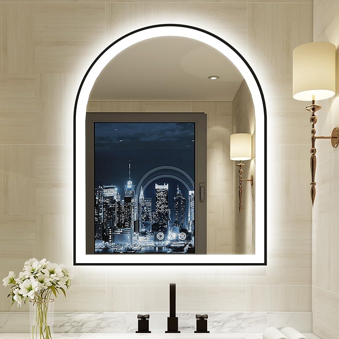 Arched LED Mirror for Bathroom 24"x30", Black Lighted Bathroom Mirror with Lights-Fogless, Dimmable, 3 Color Changing, Shatterproof, Touch Sensor