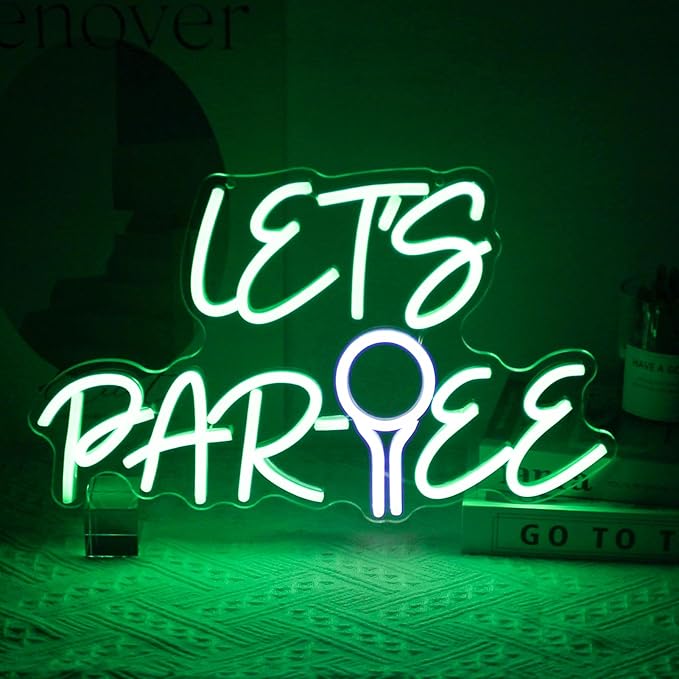 Let's Par Tee Neon Sign for Wall Decor - Green White LED Golf Ball Light - Dimmable Hanging Sign for Golf Club, Bedroom, Man Cave, Party