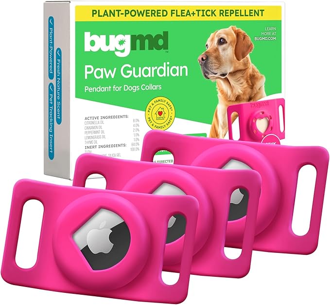 BugMD Paw Guardian Flea & Tick Pendant (3-Pack) with AirTag Holder – Plant-Based Flea & Tick Prevention for Dogs – Pet Collar Tag & GPS Tracker Holder for Dogs – Pink