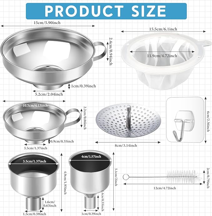 Gejoy 12 Pcs Metal Canning Funnels Set Wide Mouth Mason Jar Funnels for Filling Stainless Steel Kitchen Filter with Strainer Mesh Filter Brushes and Adhesive Hooks, Silver