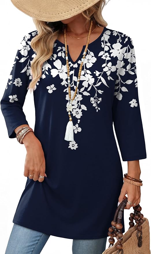 OFEEFAN Summer Boho Tops For Women 3/4 Length Sleeve Womens Tops Vacation Outfits