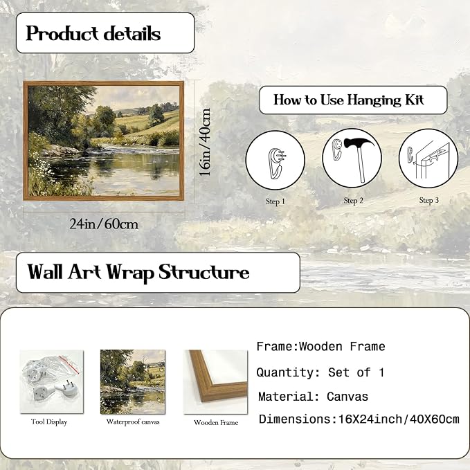 Framed Vintage Landscape Wall Art, Country Nature River Pictures Wall Decor, Rustic Field Paintings Canvas Prints Farmhouse Home Decor Aesthetic for Living Room Bedroom Bathroom 16x24 inch
