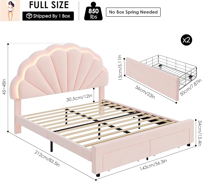 HIFIT Full Size Upholstered Smart LED Bed Frame with 2 Storage Drawers and Adjustable Chic Double Petal Headboard, Princess Platform Bed for Girls, Solid Wood Slats Support/No Box Spring Needed, Pink