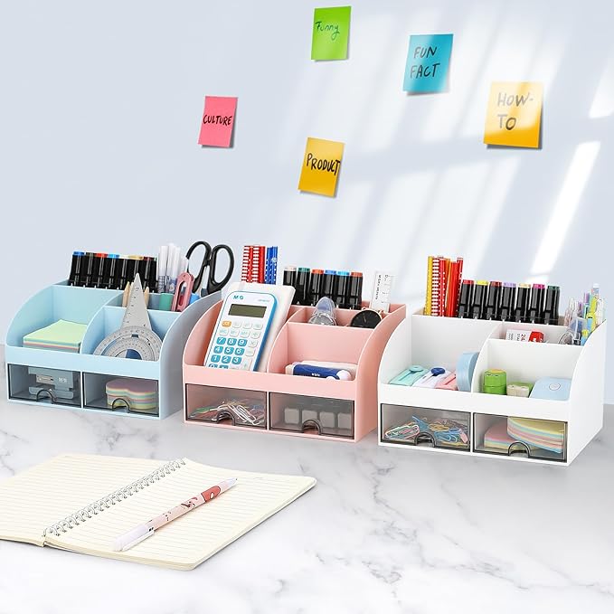 Office Desk Organizer with Drawers for Desktop/Tabletop/Counter, Desk Top Accessories Stationary Organizer Desk Caddy, Pen/Pencil/Business Card/Sticky Note Tray/Paperclip Holder Storage Box (White)