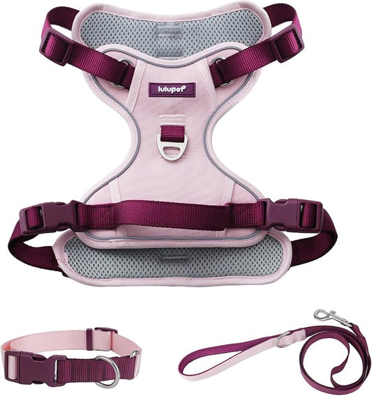 3 in 1 No Pull Dog Harness Leash and Collar Set, Soft Adjustable Dogs Vest Reflective and Comfortable Handle Pink Medium