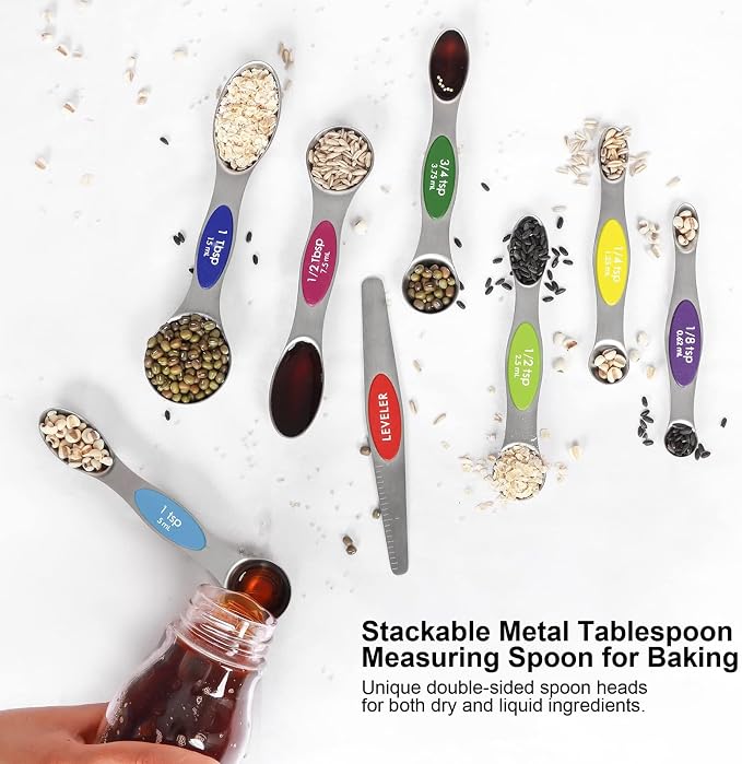 Multicolor Magnetic Measuring Spoons Set with Leveler | 7Pack, Stainless Steel, Stackable, Fits Spice Jars - For Baking Kitchen Gadgets Apartment Essentials Fits