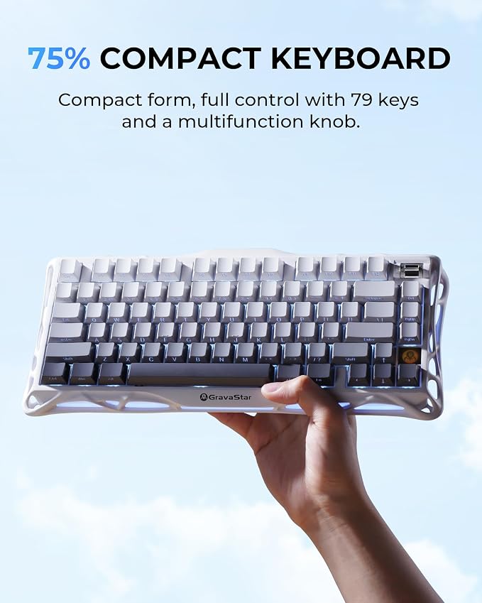 GravaStar Mercury K1 75% Wireless Mechanical Gaming Keyboard RGB Backlit | Gasket Mount, Hot Swappable Linear Switches, Creamy Sound Keyboard, 2.4GHz/USB-C/Bluetooth 5.0, for Win/Mac【Gradient White】