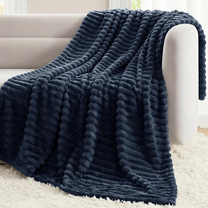 Navy Blue Throw Blanket for Couch & Bed, 50 x 60 Inch | 300GSM Ribbed Fleece Blanket, Soft, Cozy & Lightweight, OEKO-TEX Certified, All-Season Use for Travel, Dorm & Home Decor
