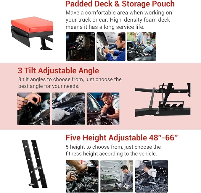 Automotive Top side Creeper, Adjustable Top Side Engine Creeper 48"-66", 400 LBS Capacity Heavy Duty Automotive Engine Creeper with Padded Deck & 4 Swivel Caster Wheels, Red Mat and Black Body