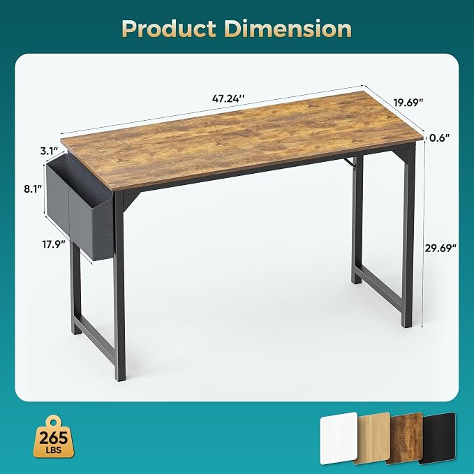 OLIXIS 47 Inch Computer Office Desk for Small Spaces, Writing Gaming Work Desk Modern Study Table with Storage Bag & Headphone Hook Home Bedroom, Rustic Brown | Computer Gaming Writing Workstation, Small Spaces for Home Bedroom, Rustic Brown