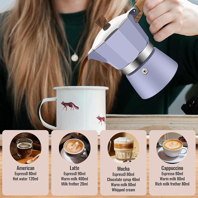 3 Cup Aluminum Moka Pot Purple Classic Stovetop Espresso Coffee Maker 150ml 5oz Coffeemaker Percolator Mocha Pot Greca Coffee Maker Cafe Makers for Italian and Cuban Café Brewing Purple