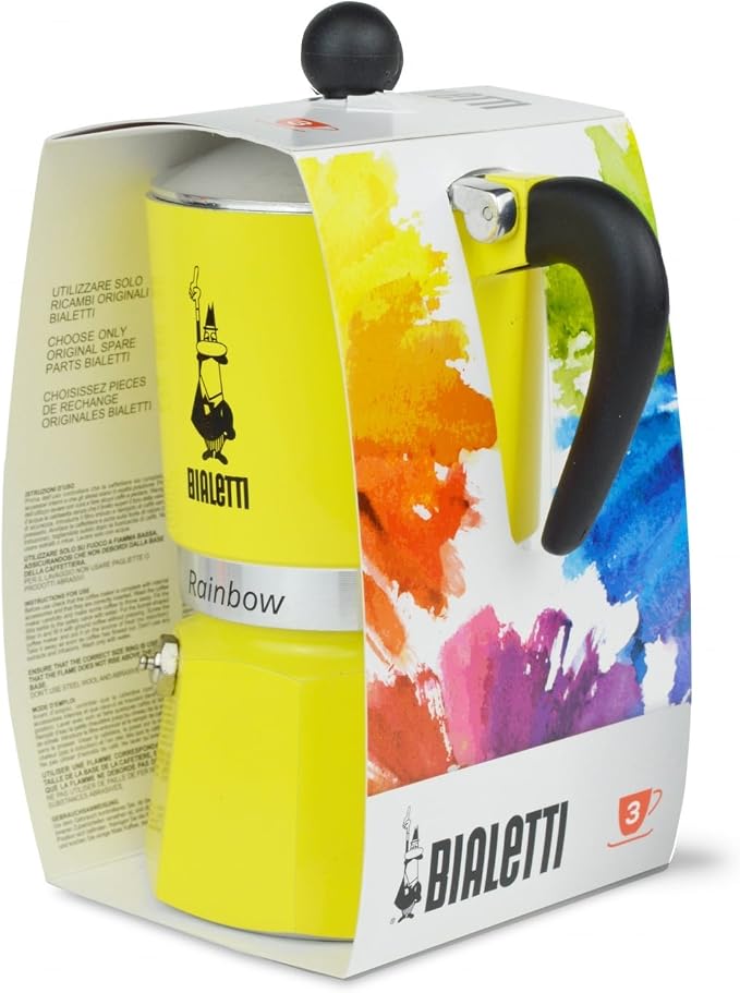 Bialetti Rainbow Moka Pot in Yellow, 3 Cup Stove Top Espresso Maker - Aluminum Cafetera for Ground Coffee, Italian Coffee Maker for Home Brewing