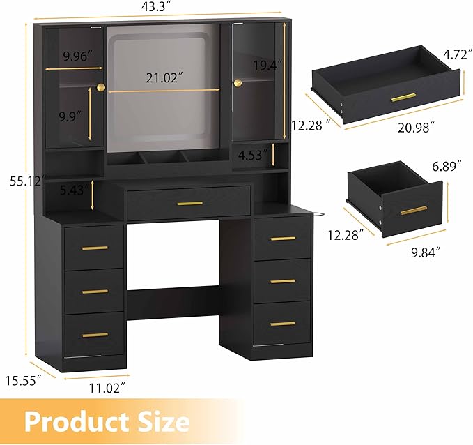 Black Makeup Vanity Desk with Mirror & Lights, Modern Vanity Table with Charging Station, 7 Drawers, Glass Cabinet, Adjustable Shelves, Bedroom Dressing Table Set for Women & Girls