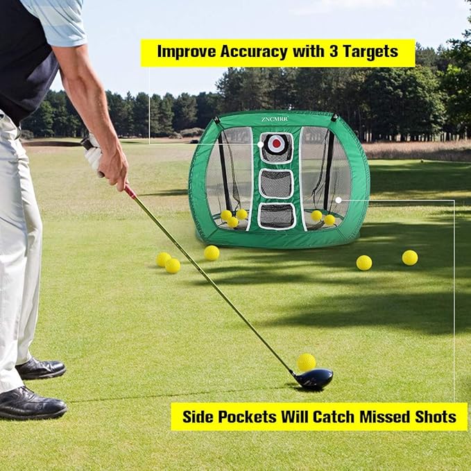 Pop Up Golf Chipping Net, Indoor/Outdoor Golfing Target Net Collapsible Portable Golf Hitting Net with 15 Training Balls and 2 Hitting Mats for Backyard Driving and Swing