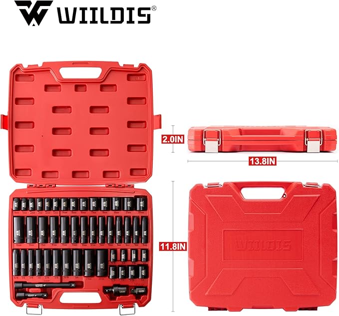 WIILDIS 3/8" Drive Impact Socket Set, 50 Piece Socket Set SAE 5/16" to 3/4" and Metric 6 to 22mm, Includes Extension Bars, Universal Joint and Adapter, 6 Point, Cr-V Steel, Double Lock Storage Case